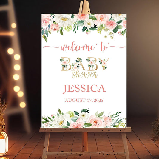 Personalized Baby Shower Sign, Floral Baby Shower Sign, Blush Pink Floral Baby Shower Sign, Baby Shower Decorations, Wildflower Baby Shower Welcome Sign, Baby Shower Sign, Plastic Sign Full Size