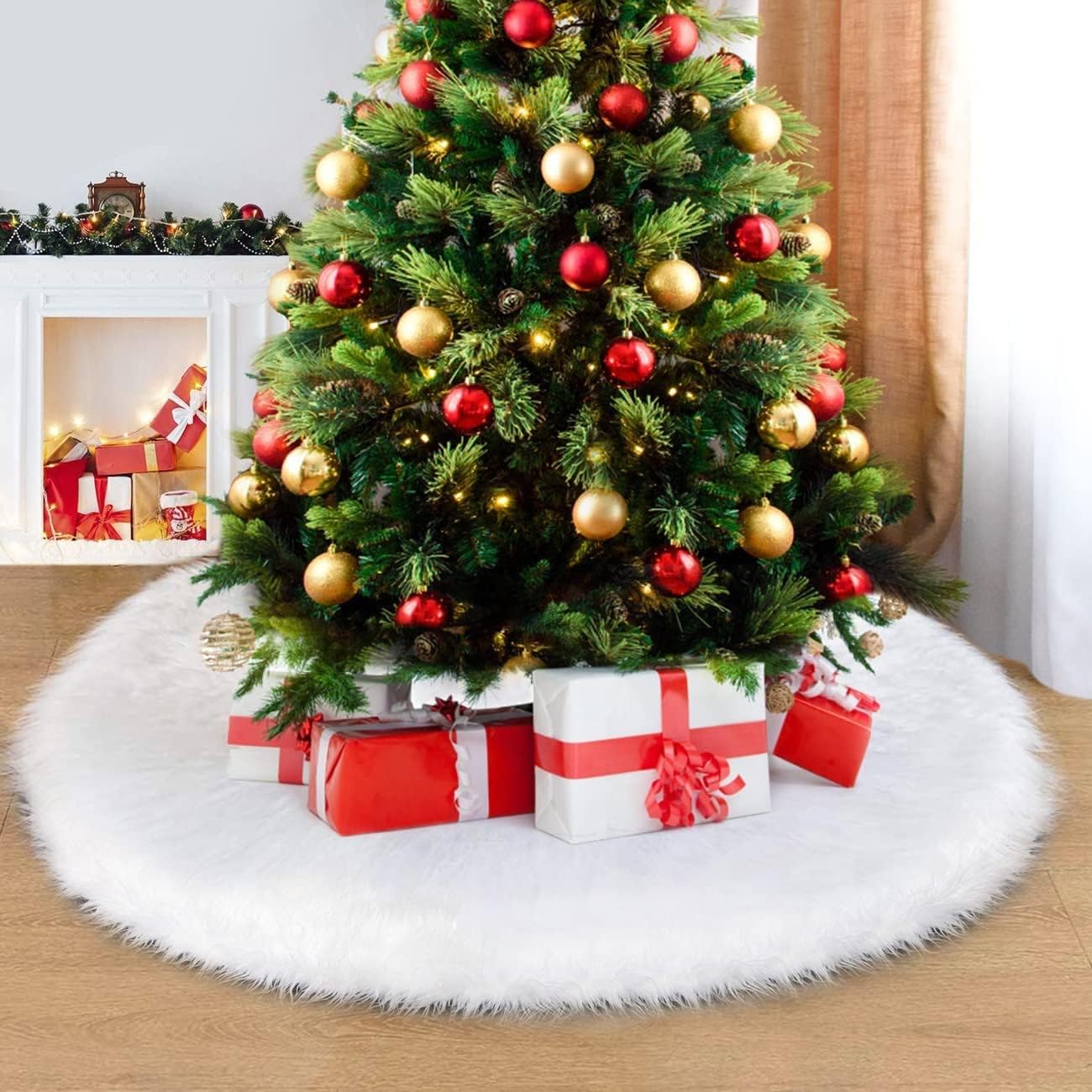 80 Inch Christmas Tree Skirt Faux Fur Snow White Luxury Plush Large Size Fluffy Home Holiday Decor Xmas Gift