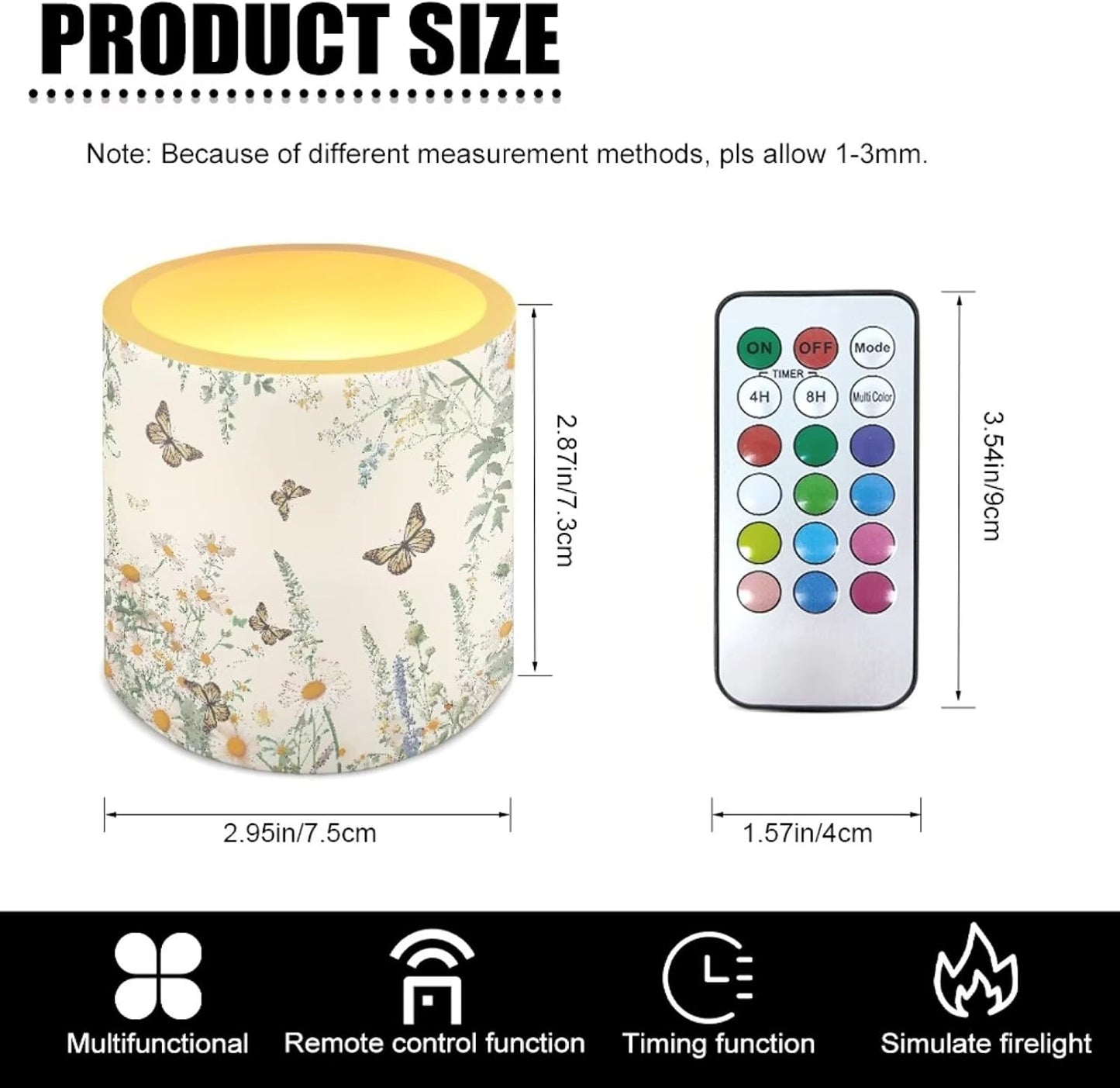 Poceacles Remote Control LED Candles Set of 4 Battery Powered Flameless Candles with Multi-Color Lighting Options, Timer Function, for Indoor Outdoor Decor, Butterfly Daisy Floral Cream White
