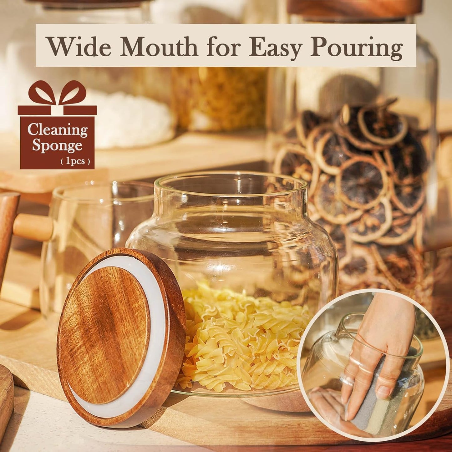 Labina Glass Storage Container Airtight Food Jars Kitchen Canister with Wood Lids, 47 Oz Wide Mouth Pantry Organization Glass Jar for Flour, Sugar, Cookie, Spagetti, Nuts and Candy