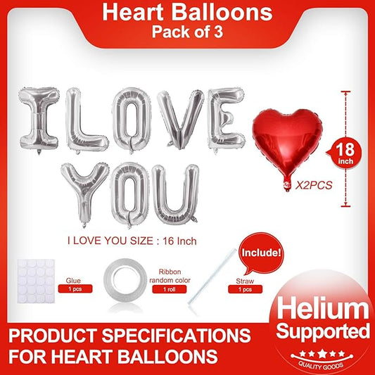 Red Heart Shaped Balloons Silver I LOVE YOU Valentine Balloons for Valentines Day Bridal Shower Wedding Party Decorations