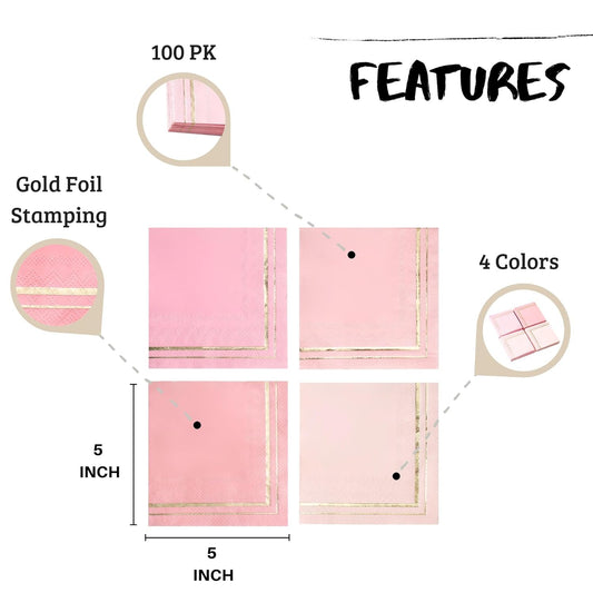100 Pink Napkins - 4 Assorted Designs l 3-Ply Cocktail Napkins Folded 5 x 5 Inches l Bar Napkins Disposable Party Napkins Paper Napkins Dinner for Wedding Baby Shower Birthday (Assorted Pink)