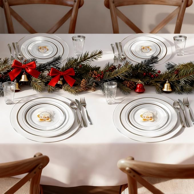 13 Inch Charger Plates, 16 Pack, Clear Charger Plates with Silver Rim, Heavy Duty Disposable Plastic Chargers for Dinner, Elegant Dining, Wedding, Party, Formal Event Decoration(16,Silver)
