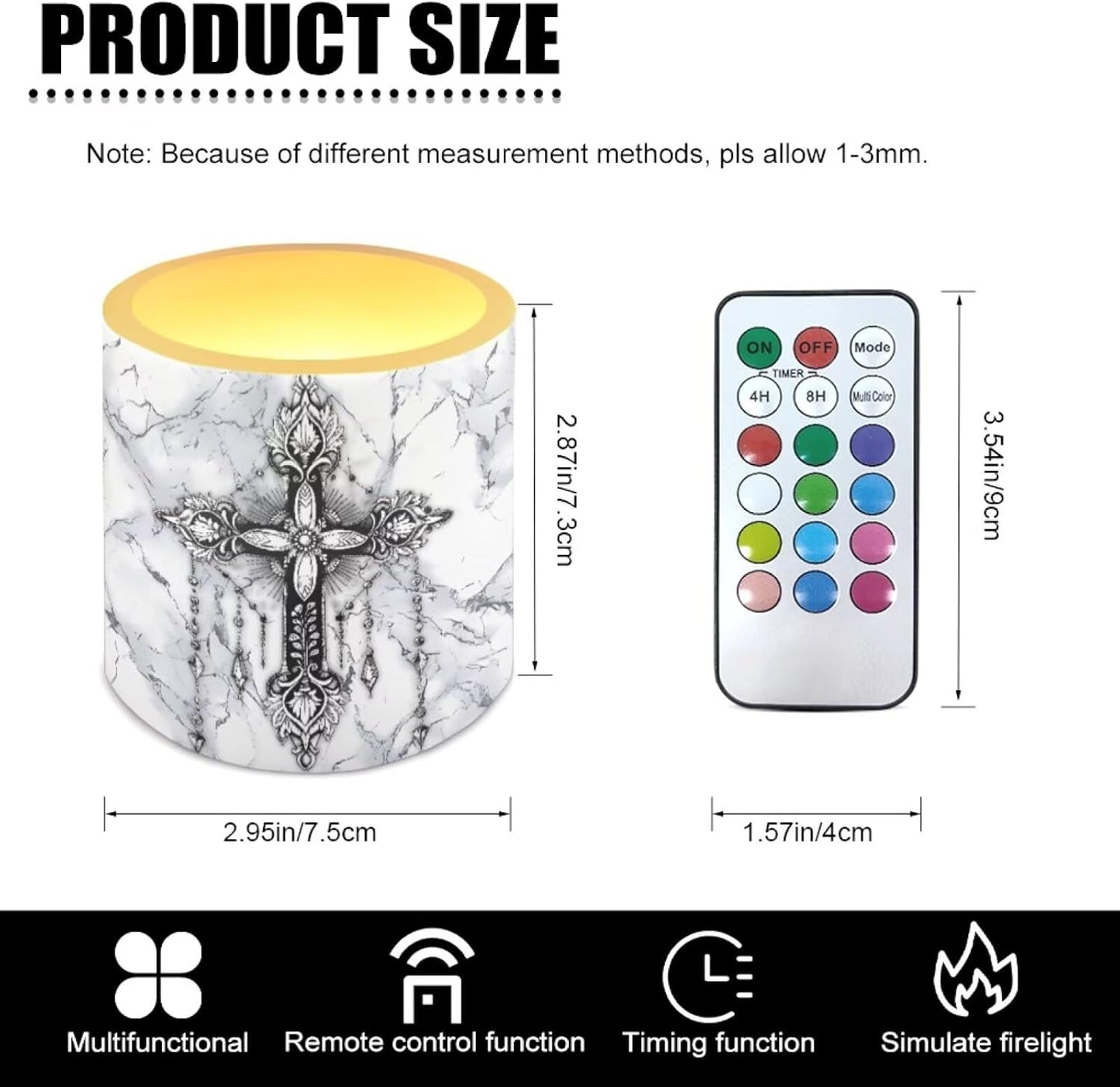 Poceacles LED Pillar Candles Set of 4 Flameless Plastic Night Lights with Remote and Timer Multi-Color Modes, Outdoor Indoor Battery Operated LED Pillar Candles, Cross Gray White Marble