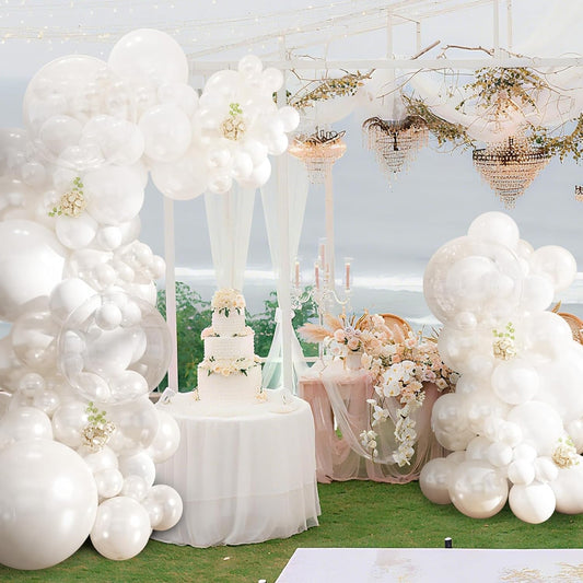 Pearl White Balloon Arch Kit, Double Stuffed White Clear Balloon Garland Kit for Wedding Birthday Baby Shower Gender Reveal Bridal Engagements Party Decorations