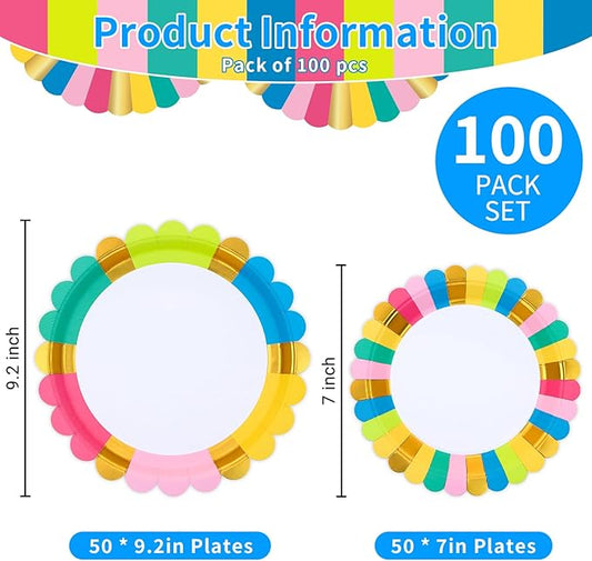 Scalloped Paper Plates 100pk, Disposable Party Plates with 50pk Dinner Plates & 50pk Dessert Plates, Gold Foil Paper Plates for Party Wedding Birthday Anniversary and Engagement Party Decorations