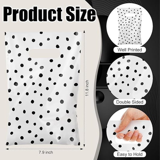 Epakh 100 Pcs Black Polka Dot Gift Bags Bulk Plastic Party Favor Bags with Handles Modern Art Candy Treat Goody Wrapping for Baby Shower Wedding Birthday Party Supplies