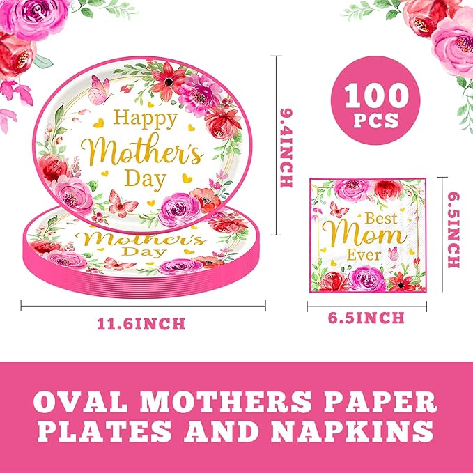 Mothers Day Party Decorations,100pcs Oval Mother's Day Plates and Napkins Floral Disposable Mother Day Tableware Set for Happy Mothers Day Party Supplies,Serve 50
