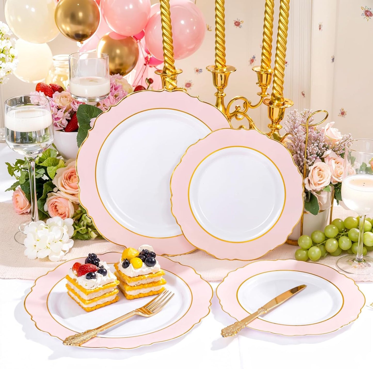 WDF 60pcs Pink Dessert Plates - 7.5inch Baroque Pink &White Disposable Dessert/Appetizer Small Cute Cake Plates for Upscale Parties &Wedding-Special for Bridal Shower, Brithday, Baby Shower