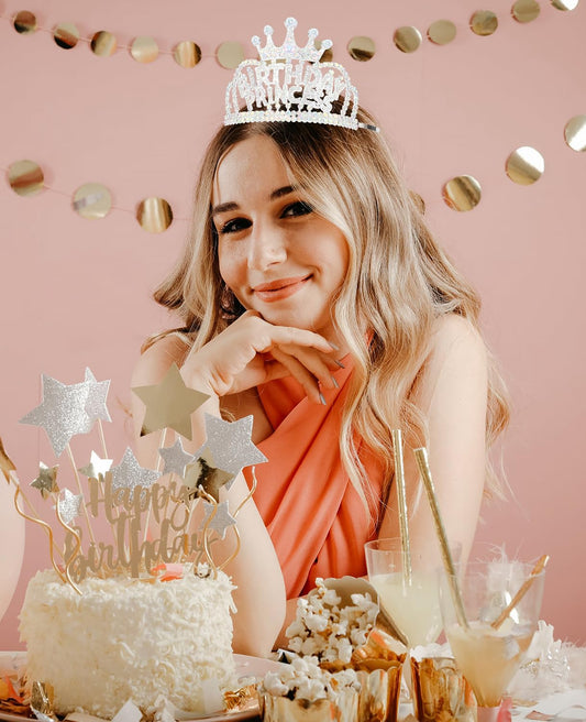 Wecoe Birthday Crown AB Silver Rhinestone Princess Tiara with Combs Happy Birthday Party Favors Pink Decorations 16th 18th 21st 25th Gifts for Her