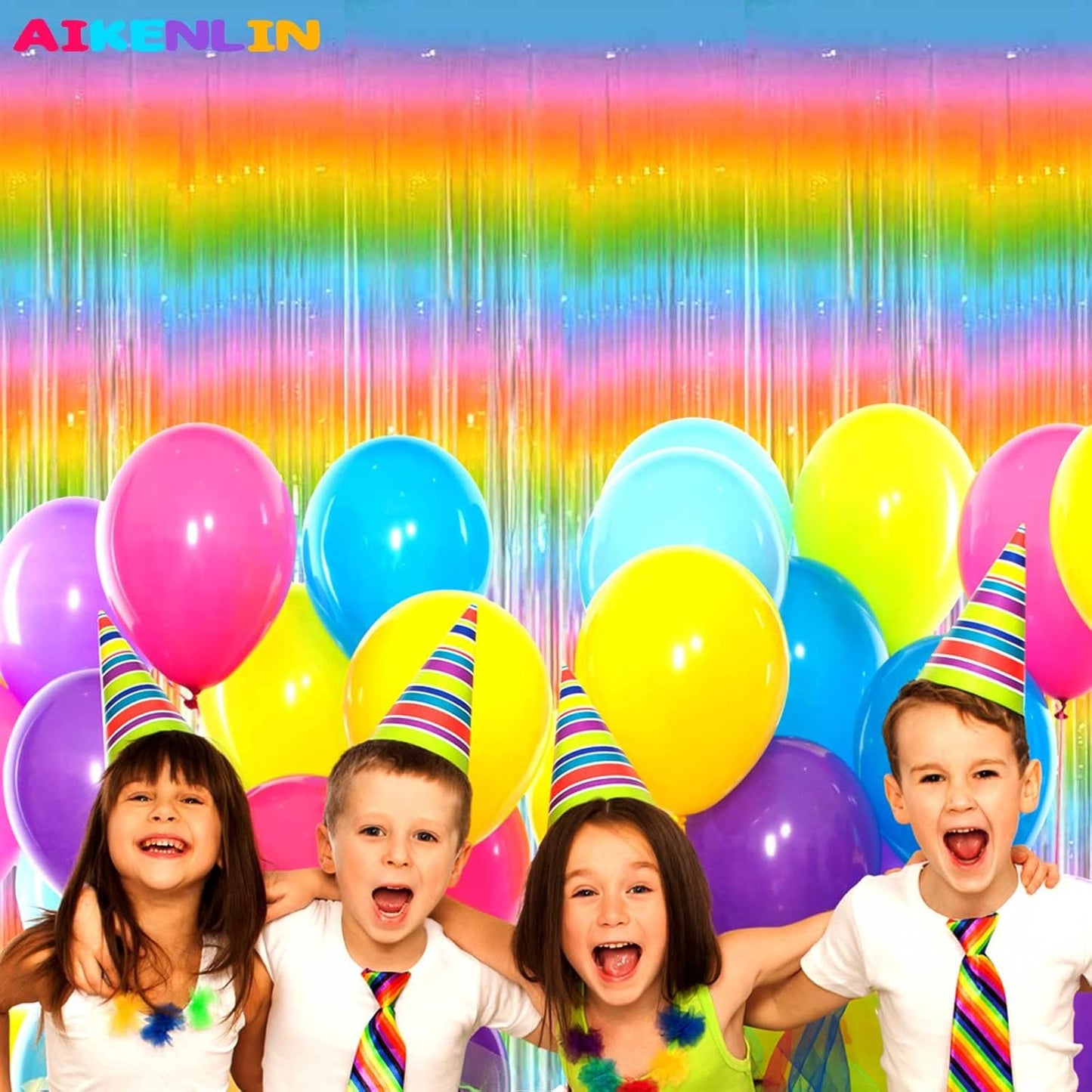 4 Pack 3.3Ft x 6.6Ft Rainbow Foil Fringe Curtain Backdrop, Colorful Metallic Tinsel Foil Fringe Streamers Curtains Background for Photo Booth, Birthday, Wedding, Halloween, Christmas Party Decoration