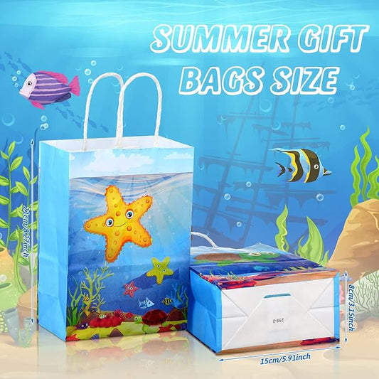 Outus 24 Pcs Under the Sea Party Favor Bags Goodie Ocean Gift Paper Bags with Handles Sea Animal Candy Treat Pouch for Summer Ocean Birthday Party Decorations Baby Shower Supplies