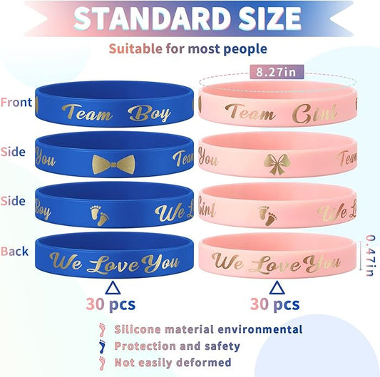 Jetec 60 Pieces Gender Reveal Bracelets, Team Boy Silicone Wristbands and Team Girl Rubber Bracelets for Gender Reveal Ideas Party Supplies Decorations