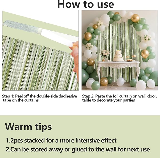4 Packs Sage Green Foil Fringe Curtain, Light Green Glitter Metallic Tinsel Backdrop for Boho Birthday Wedding Bridal Baby Shower Engagement Martini Party Decorations Supplies