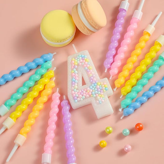 PHD CAKE Number 4 Birthday Candle Macaron Glitter Number Candle with Rainbow Spiral Candles in Holders for Cake Topper, Pastel Sweet Theme Party Decoration