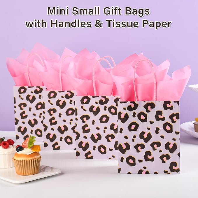 DjinnGlory 24 Pack Mini Small Gray Leopard Cheetah Print Party Favor Bags with Handles and Pink Tissue Paper for Party Favors Goodies, Small Business Gifts, Merchandises, 6.5x5.5x3 Inch