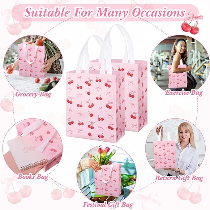 Supervitae 24 Pack Cherry Bow Birthday Gift Bags Red Pink Bow Cherry Medium Goodie Party Bags Spring Reusable Totes Non Woven Totes for Birthday Baby Bridal Shower Family Travel(9.8" x 7.9" x 3.9")