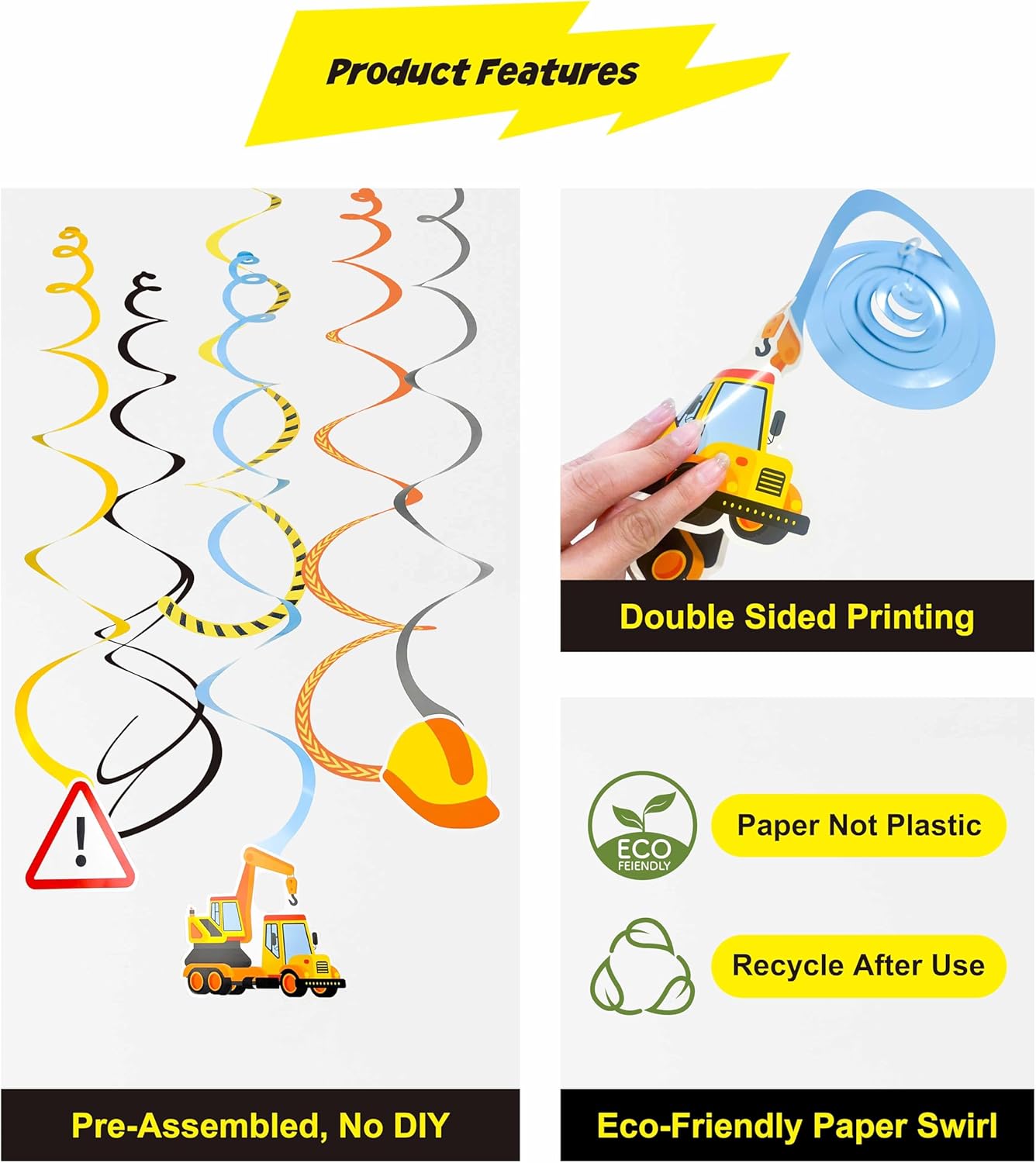 Construction Theme Hanging Swirl Decorations, 36PCS Construction Party Ceiling Streamers with Preassembled Hooks, Trucks, Helmets, Signs & Moreāfor Birthdays, Events, or Work Zone Theme Decor