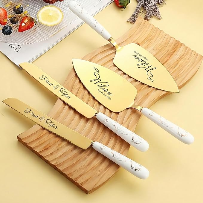 Custom Wedding Cake Knife and Server Set Gold - Personalized Engraved Stainless Steel Cake Pie Pastry Servers Cutting Set with Marble Pattern, Elegant Gift for Wedding Anniversary Birthday Christmas