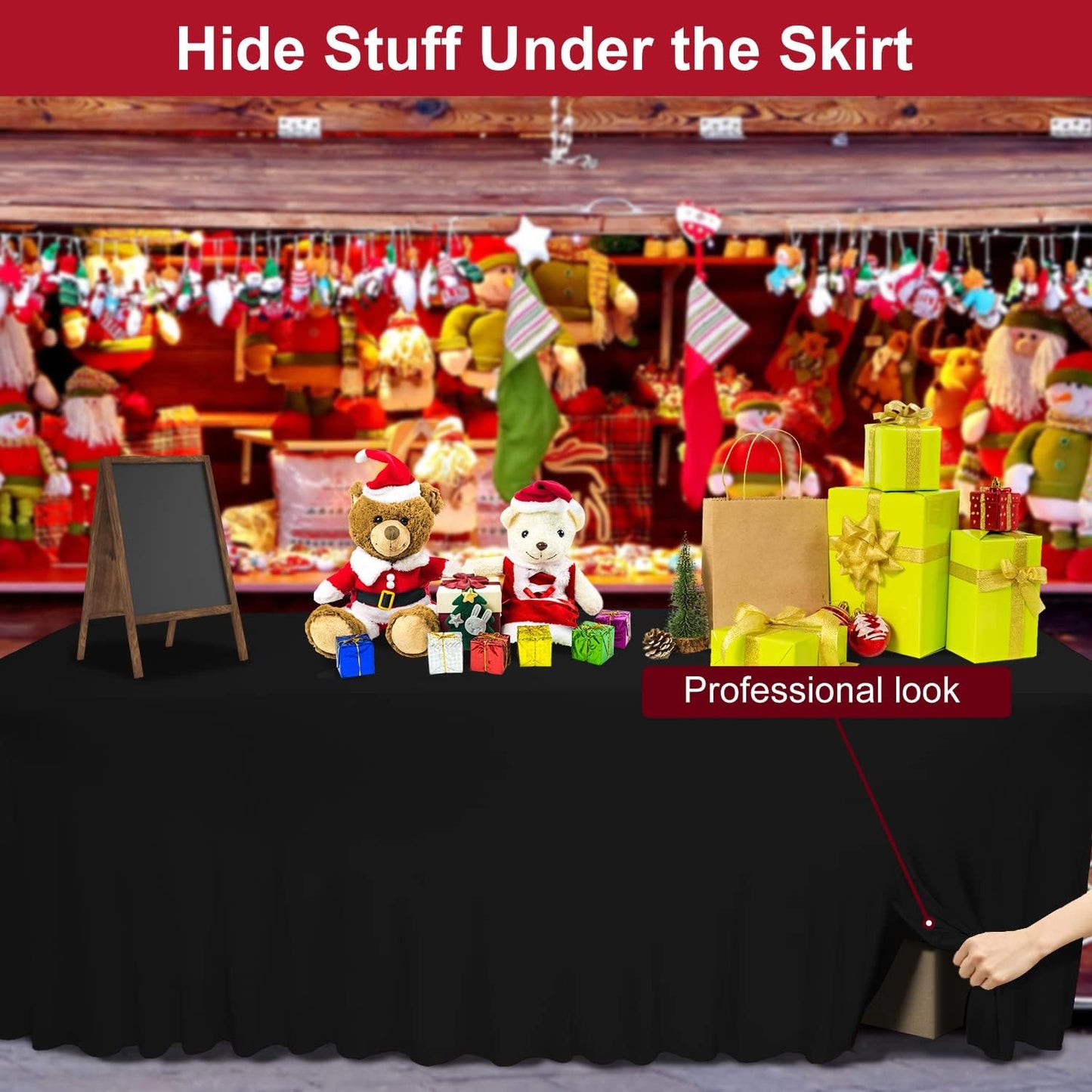 Thick 2 in 1 Spandex Table Skirt and Cover 8ft, Rectangle Fitted Tablecloth with Pleated Skirt, Wrinkle Free Rectangular Table Cloth for Banquets and Vendor Event (Black, 96"*30"*29")