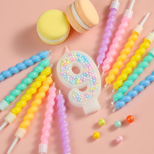 PHD CAKE Number 9 Birthday Candle Macaron Glitter Number Candle with Rainbow Spiral Candles in Holders for Cake Topper, Pastel Sweet Theme Party Decoration