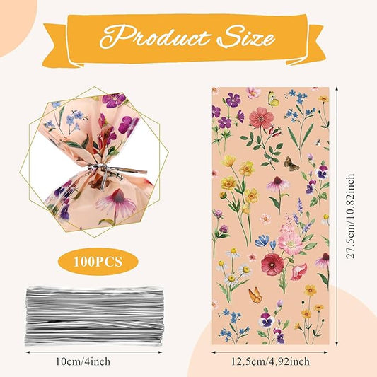 Outus 100 Pieces Party Cellophane Treat Bag Floral Candy Bags for Baby Shower Wedding Bridal Shower Supplies Favors Decorations Birthday Theme Floral Graduation Decor (Wild Flowers)