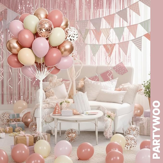 PartyWoo Dusty Pink Balloons 65pcs 12 Inch Blush Rose Pink Metallic Rose Gold Nude Boho White Sand Confetti Balloons for Baby Shower Birthday Gender Reveal Wedding Anniversary Party Decorations