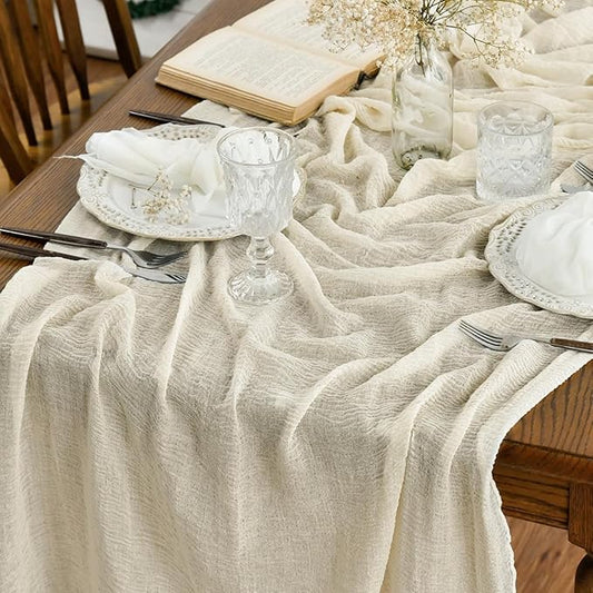 Artoid Mode Boho Beige Gauze 3 Pieces Wedding Table Runner, 120 Inch Birthday Fabric Kitchen Dining Holiday Table Decor for Home Party Indoor