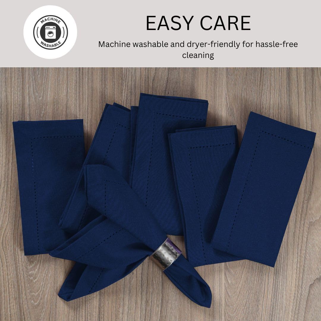Hemstitch Cloth Dinner Napkins 100% Cotton Set of 12 - for Dining Special Occasions Weddings Parties Holidays Easter - Soft Durable Reusable - 18x18 Inch Table Cloth Napkins Navy Blue