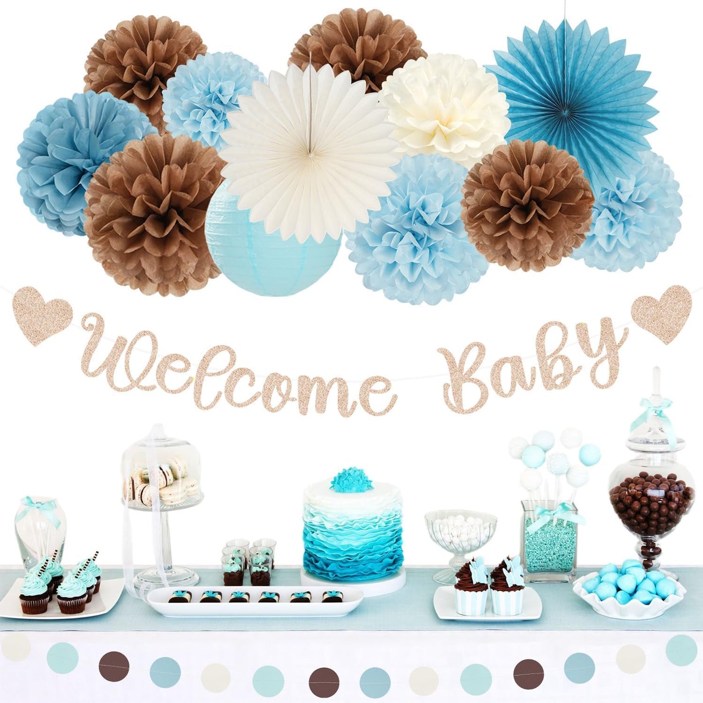 Dusty-Light Blue-Brown Baby Shower Party-Decorations - 22pcs Boys Welcome Baby Banner, White Paper Lanterns Streamers, Coffee Tissue Pom Poms Flowers Fans Decor Hugmoon