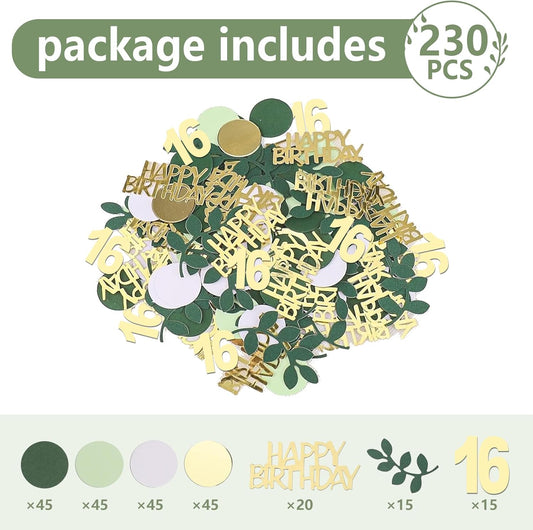 Sage Green 16th Happy Birthday Confetti, 16th Birthday Table Decorations Scatter Green Gold Foil Cake Confetti Decorations for 16 Bday Girls Boys Party Decor 230 Pcs