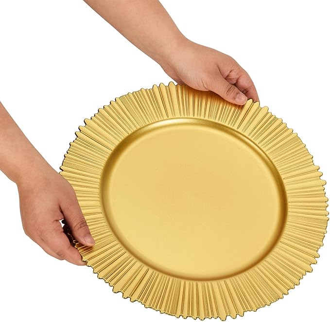 13" Line Gold Charger Plates, Classic Chargers for Dinner Plates, Reusable Plastic Table Setting Bulk Event, Party, Wedding, Festival, Baby Shower
