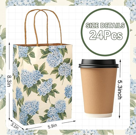 JarThenaAMCS 24Pcs Hydrangea Kraft Paper Bags Blue Floral Treat Gift Bags with Handles Flower Candy Goodie Bag for Spring Birthday Wedding Baby Shower Party Supplies