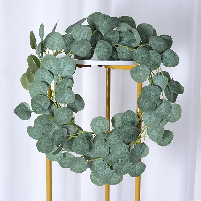2 Pack Artificial Eucalyptus Garland, 6' Faux Silk Leaf Silver Dollar Eucalyptus Leaves Vines Handmade Garland Wedding Backdrop Arch Wall Decor, Green Garlands for Home Decor (A)