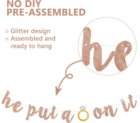 Glitter Rose Gold He Put A Ring On It Banner Pre-Strung Engagement Decorations Bridal Wedding Party Backdrop Sign Garland Bachelorette Party Supplies,NO DIY