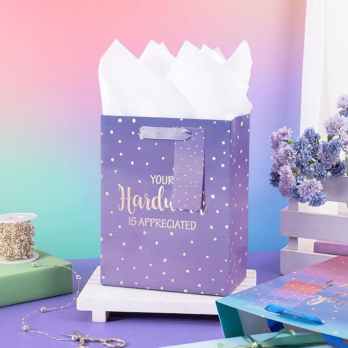 Loveinside Medium Size Gift Bags, Employee Appreciation Thanks Pattern Gift Bag with Tissue Paper for Shopping, Parties, Wedding, Baby Shower, Craft-4 Pack, 7" X 4" X 9"