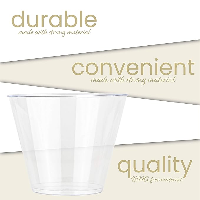 PLASTICPRO 9 oz Disposable Plastic Party Cups,Old fashioned Designed Tumblers, 100 Count, Crystal Clear