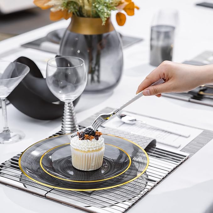 N9R 60PCS Black Plastic Plates with Gold Rim, Elegant Disposable Plates, Circular Ribbed Design, 30 Dinner & 30 Dessert Plate for Parties, Weddings, Halloween, Banquets and Events (Translucent Black)