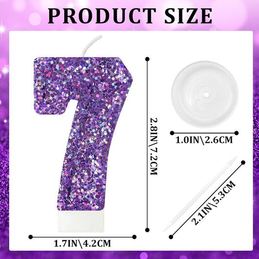 Birthday Number Candles, Glitter Number Candle Cake Decorations with Sequins, Cupcake Decorations for Girls, Women, Party Anniversary Celebrations (Number 7, Purple)