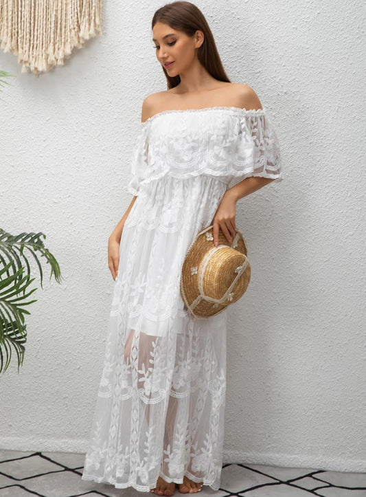 HOYISHION Women's Off The Shoulder Floral Lace Maxi Dress White Bridesmaid Wedding Party Maternity Photoshoot Long Dresses