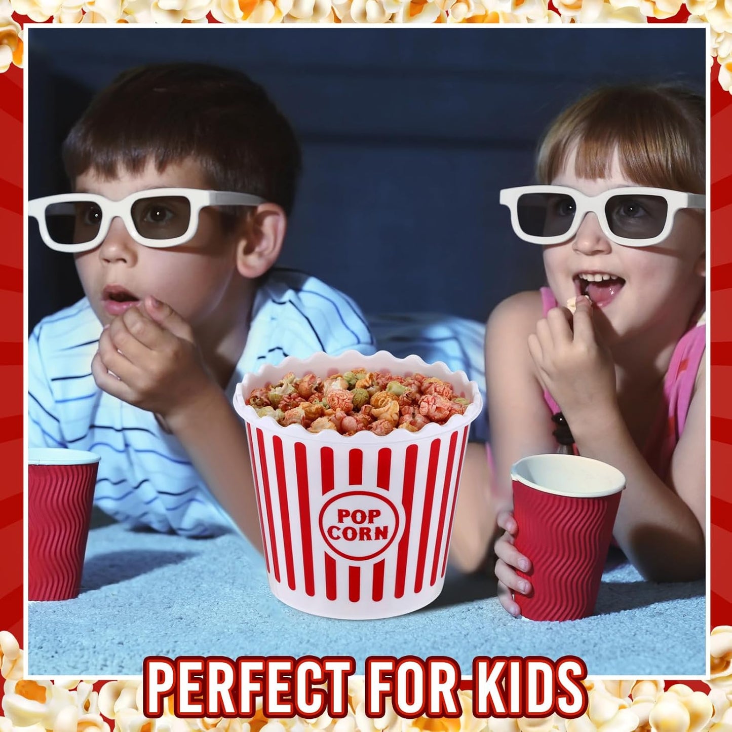Roshtia 6 Pieces Plastic Popcorn Containers Reusable Buckets 75 oz Popcorn Boxes Bowl with Scoop Retro Style Red Plastic Scoop Set for Movie Theater Night(Stripe)
