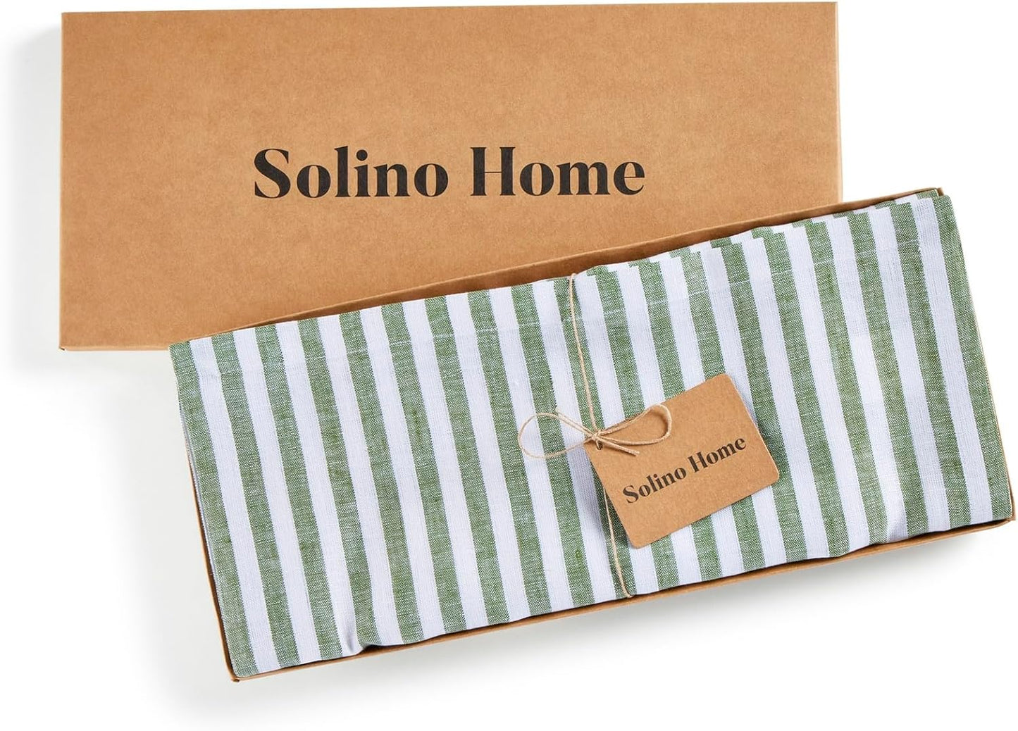 Solino Home Linen Table Runner 144 Inches Long - Amalfi Stripe, 100% Pure Linen Green and White Table Runner 14 x 144 Inch for Dining