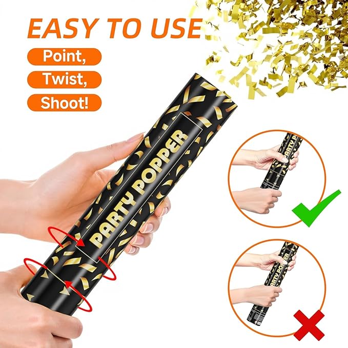 12 Pack Gold Confetti Cannon Poppers, Confetti Shooter, Party Popper for Celebration, Birthday, Graduation, New Year's Eve Party