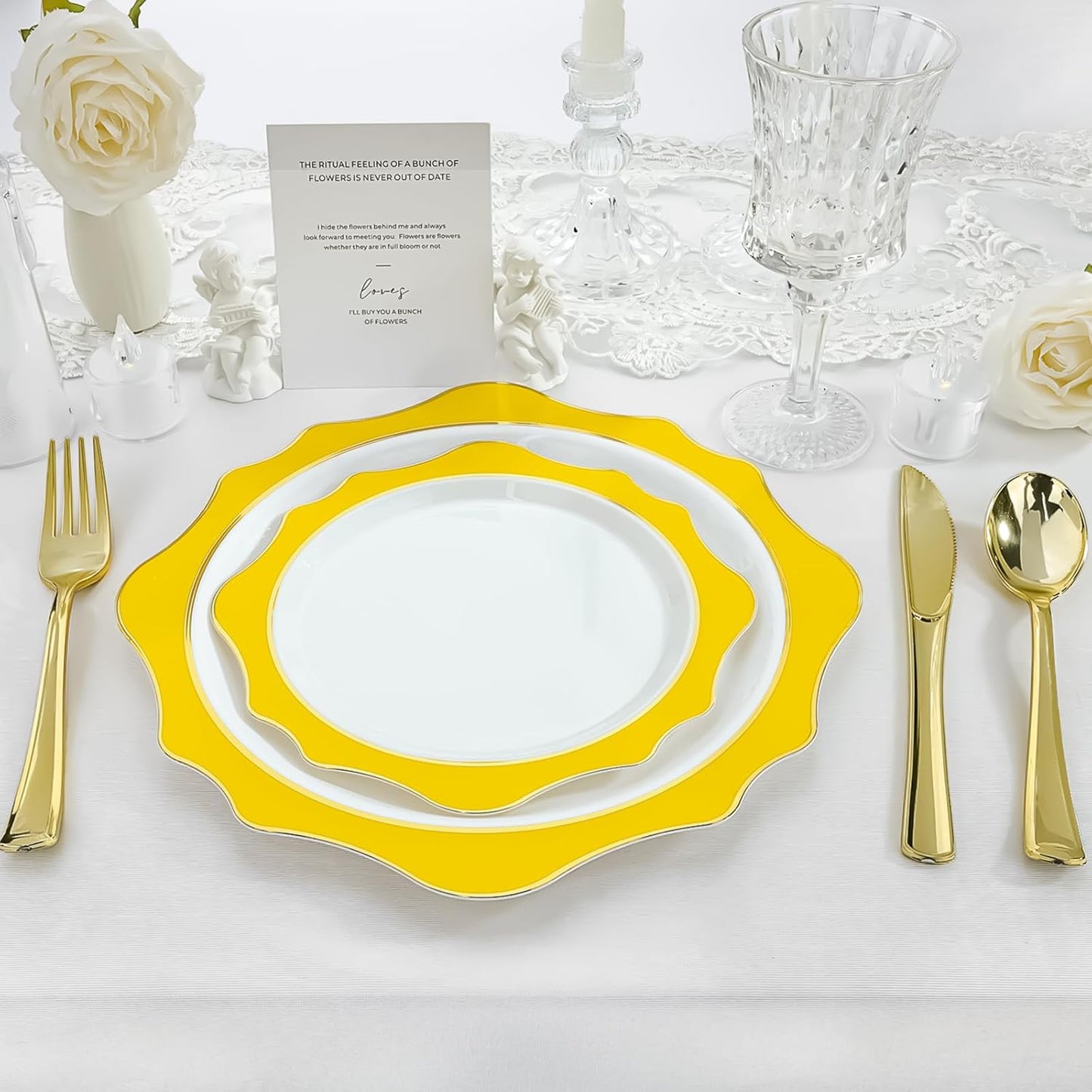 100 PCS White and Yellow Disposable Plates for 50 Guests, Scalloped Plastic Plates Include 50 Dinner Plates and 50 Dessert Plates for Party, Wedding