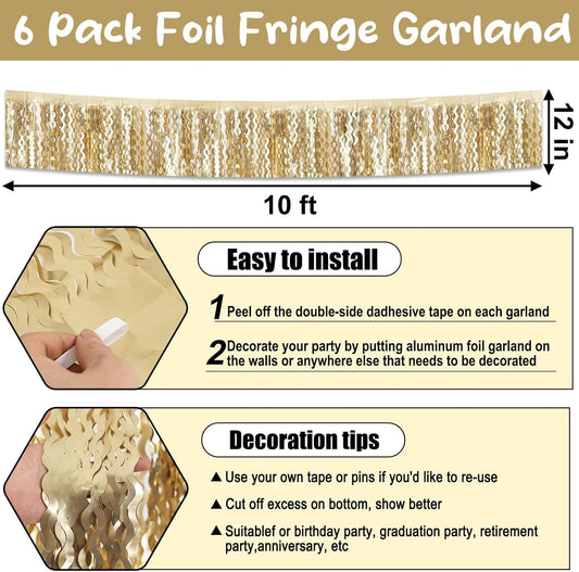 6 Pack 10 Feet Champagne Gold Wave Foil Fringe Garland Metallic Tinsel Streamers Banner Wall Hanging Curtain Backdrop for Parade Floats, Mother's Day, Easter, Wedding, Birthday Party Decoration