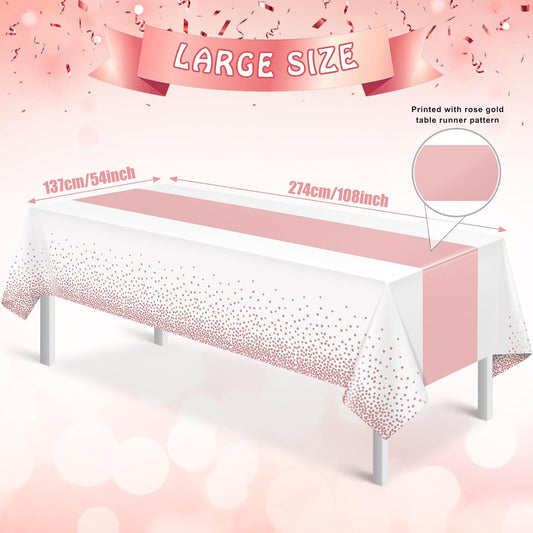 6Pcs White and Rose Gold Tablecloth Party Decorations,Plastic White Table Cloth Printed Rose Gold Table Runner Disposable Rectangle Table Cover for Birthday Anniversary Wedding Grad Party,54 x108 Inch