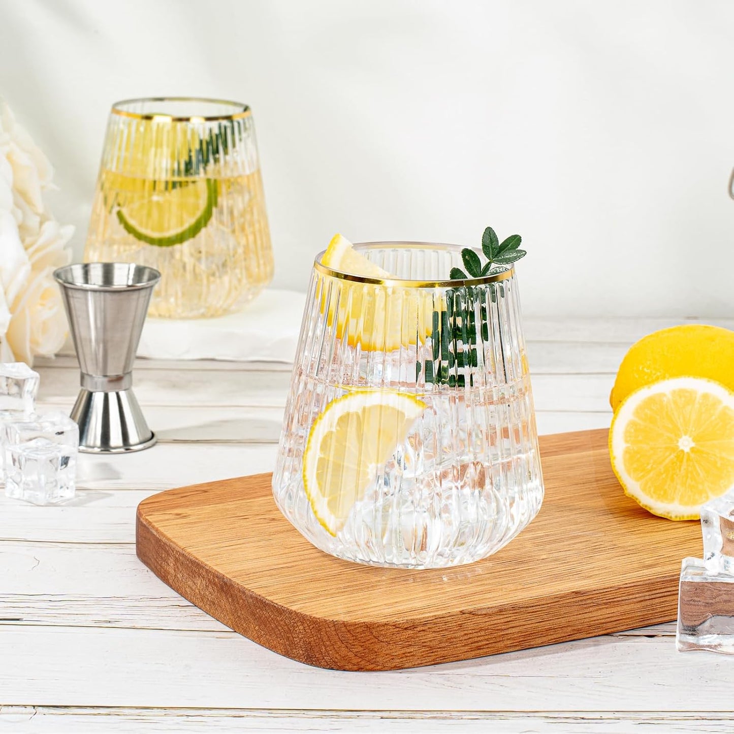 36 Pcs 12 oz Plastic Clear Gold Rim Ribbed Wine Glasses, Disposable & Reusable Champagne Glasses Elegant Whiskey Glasses Ideal for Weddings, Bars, Christmas, Holidays, Pool Party, Daily Use