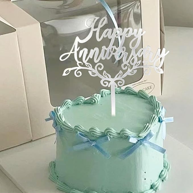 Silver Acrylic Happy Anniversary Cake Topper - Personalized Wedding, Engagement, Anniversary & Bridal Shower Cake Decoration