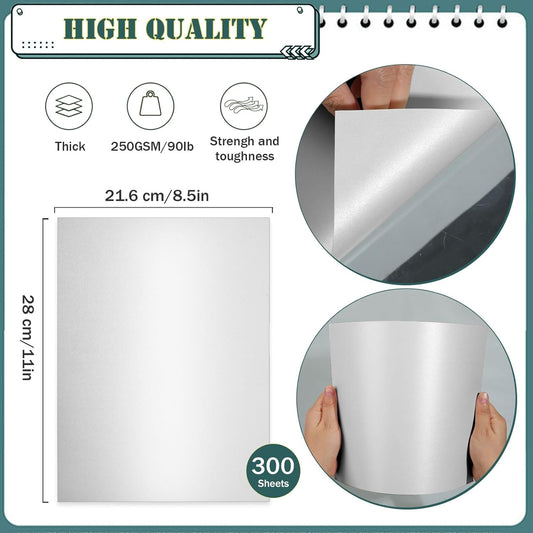300 Sheets Shimmer Cardstock 8.5 x 11 Inch Certificate Paper, 250gsm/92lb Double Sided Pearlescent Paper for Invitations, Certificates, Crafts, DIY Cards (Silver)