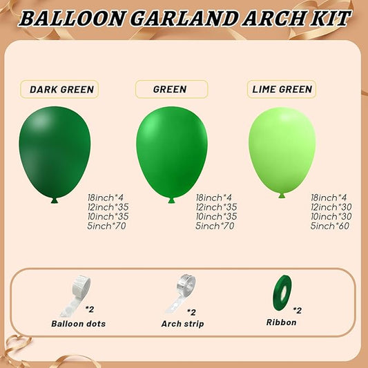412pcs Green Balloon Garland Arch Kit, 18 12 10 5 inch Different Sizes Balloons for Green Jungle Forest Themed Birthday Party Decorations